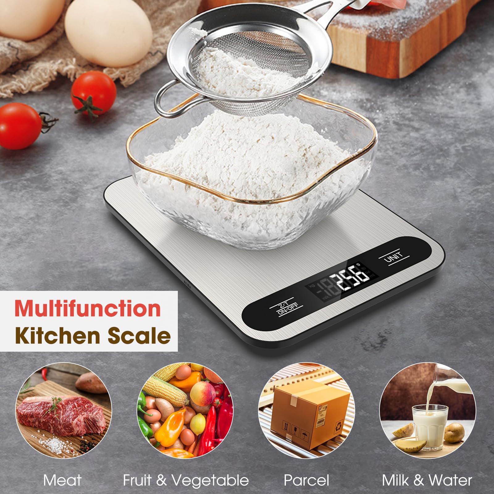 Mik-Nana Food Scale, 22lb Digital Kitchen Scale with 6 Units Tare Function & LCD Display, Stainless Steel Weight Grams and Ounces for Baking, Cooking and Meal Prep (Batteries Included)