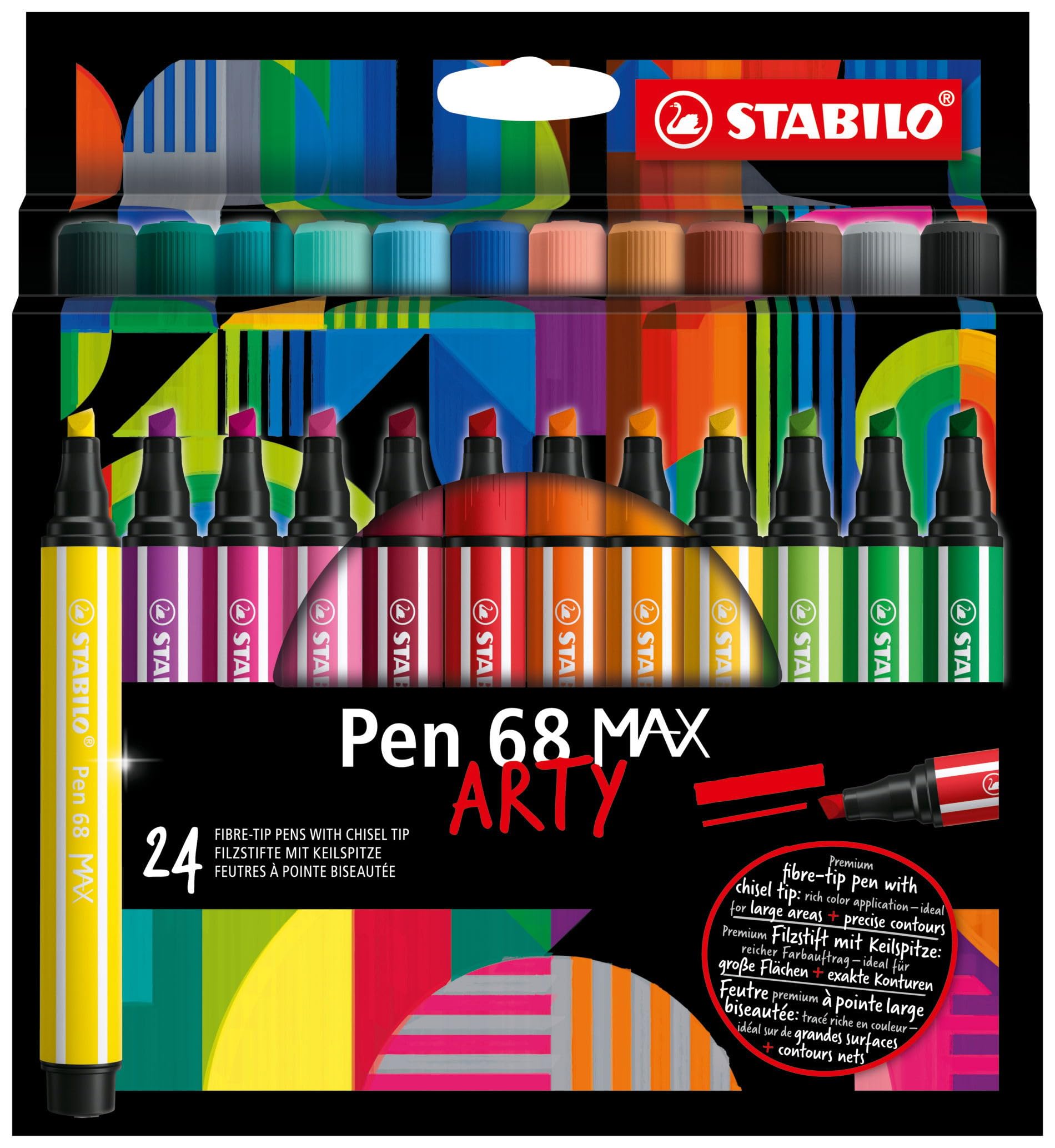 STABILO Pen 68 MAX - Premium Fibre-Tip Pen with Chisel Tip - ARTY - Pack of 24 - Assorted Colours