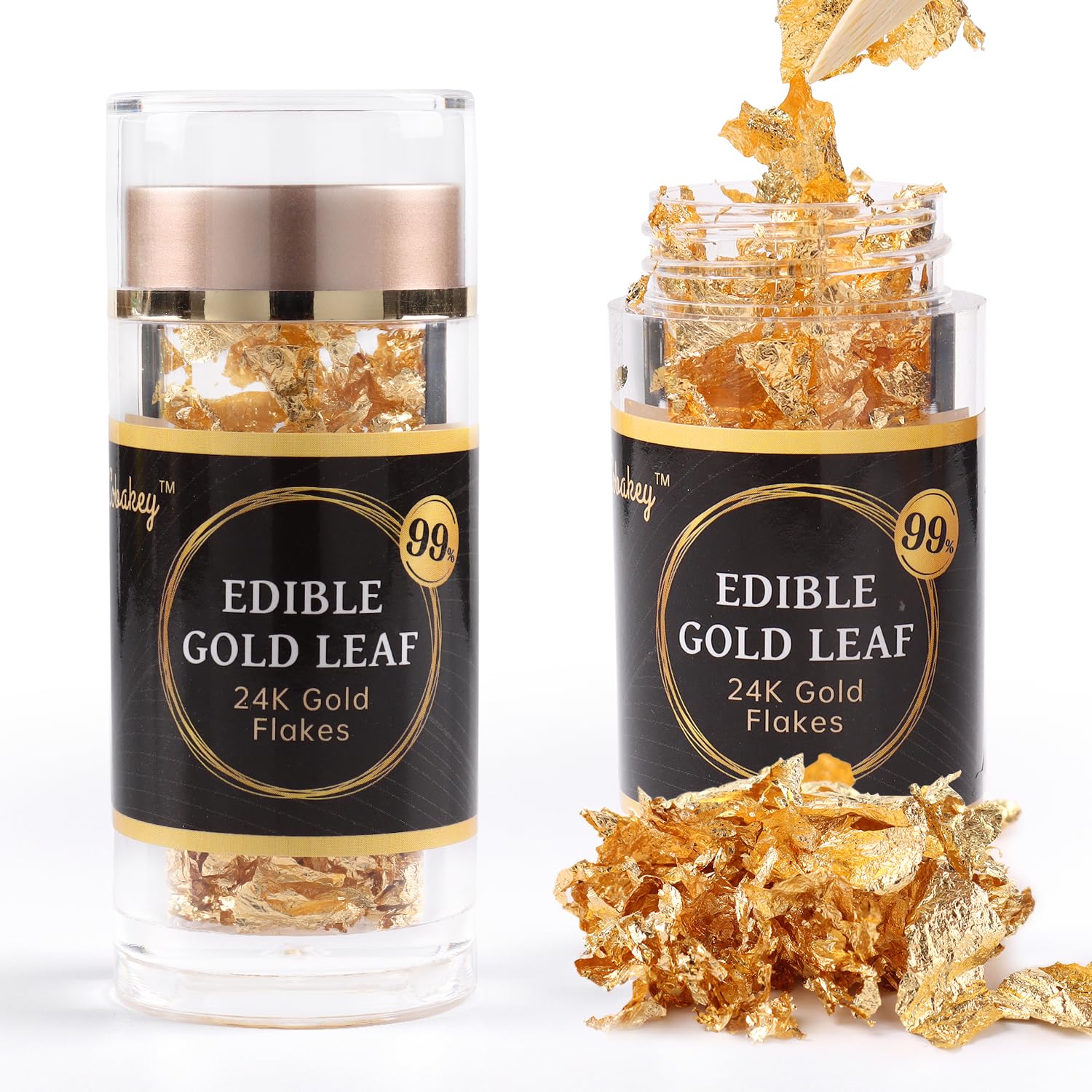 Cobakey 2 Bottle Edible Gold Flakes, Genuine Gold Leaf for Cake Decoration (Cupcake, Chocolate, Steak, Drink & Cooking), 50 mg/Bottle Gold Flakes with Edible Glitter & Wooden Tweezers