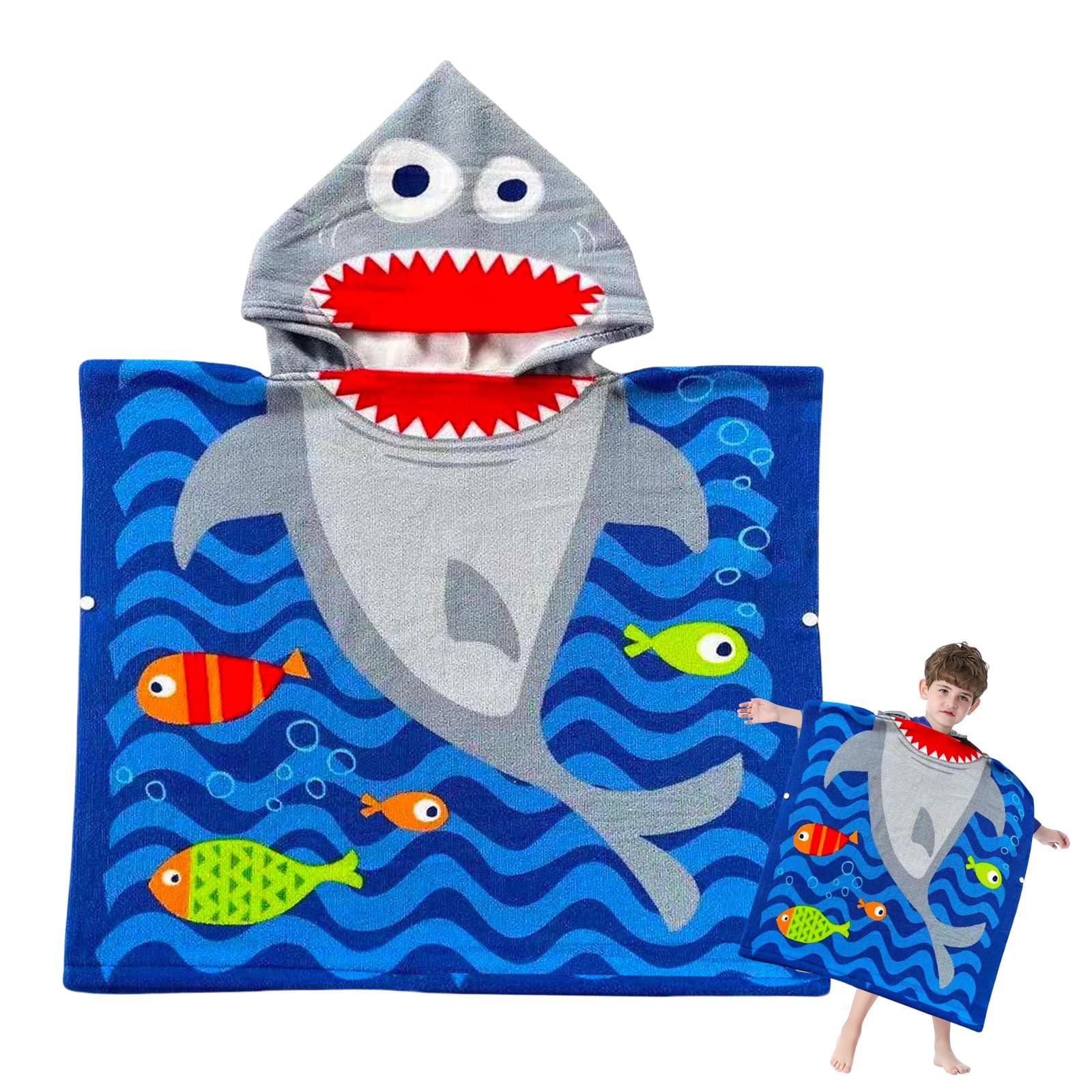 Kids Hooded Poncho Towels Blue Shark Beach Towel with Hooded for Boys,60*90cm Bath Towel Poncho Beach Changing Robe for 5-7 th Old Boys,Polyester Terry Ringspun Poncho Towel for Kids Swim Pool Holiday