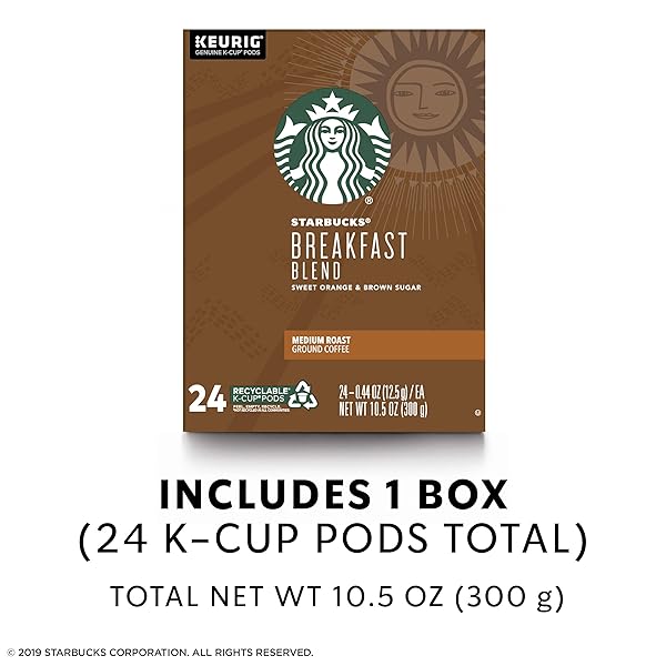 STARBUCKS MEDIUM ROAST K-CUP COFFEE PODS — BREAKFAST BLEND FOR KEURIG BREWERS — 1 BOX (24 PODS)