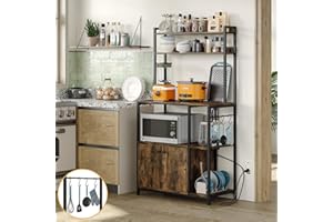 Furniouse 5-Tier Bakers Rack with Power Outlet, Industrial Microwave Oven Stand with Storage, Bakers Rack with Cabinet, Standing Kitchen Storage Rack (Rustic Brown)