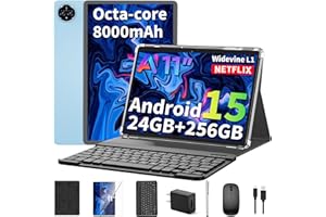 RELNDOO 2025 11 inch Tablet, Android 15 Tablets with Keyboard, 24GB+256GB+2TB Expand, Octa-Core, 8000mAh, Tablet PC with 5G/2.4G WiFi, BT5.0, GMS, GPS, 2 in 1 Tablets with Case, Mouse, Stylus(Black Case)