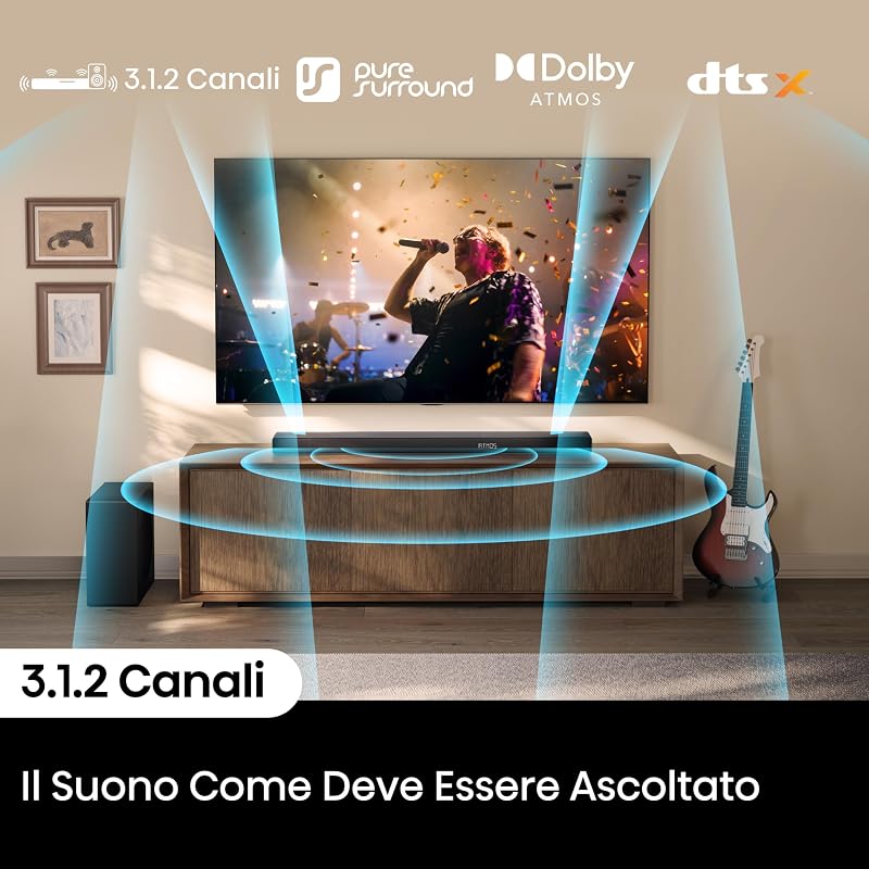 AX3120Q Soundbar, 3.1.2, 2 altoparlanti anteriori, Hi-Concerto, Dolby Atmos, DTS:X, Subwoofer True Wireless, Bluetooth, HDMI, USB, Ingresso Audio ottico