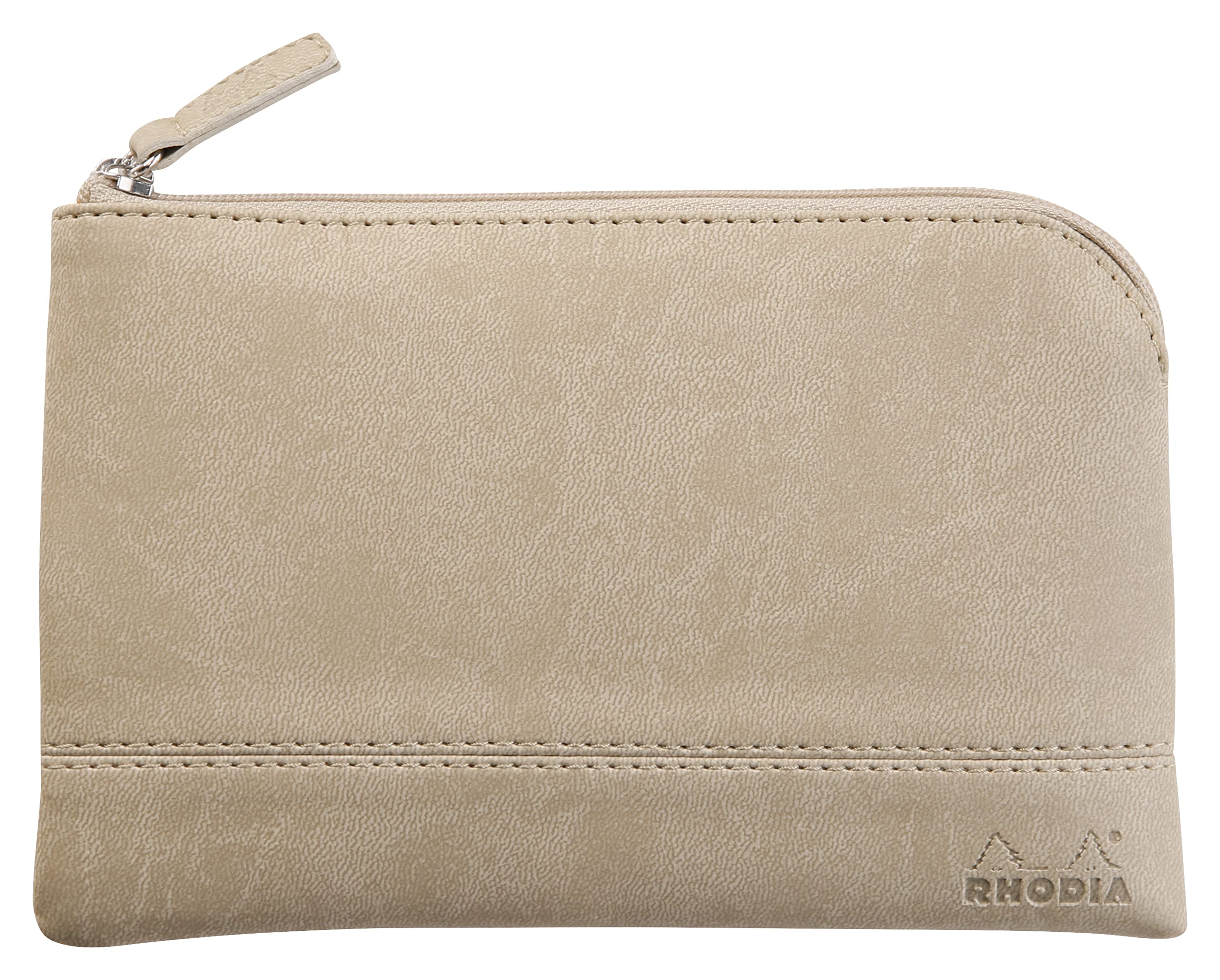 RHODIA 116526C - Faux Leather Zippered Pouch - Beige - Size S (11 x 17 cm) - Genuine Stitching - Orange Fabric Inside - Storage for Documents, Small Supplies — image 1