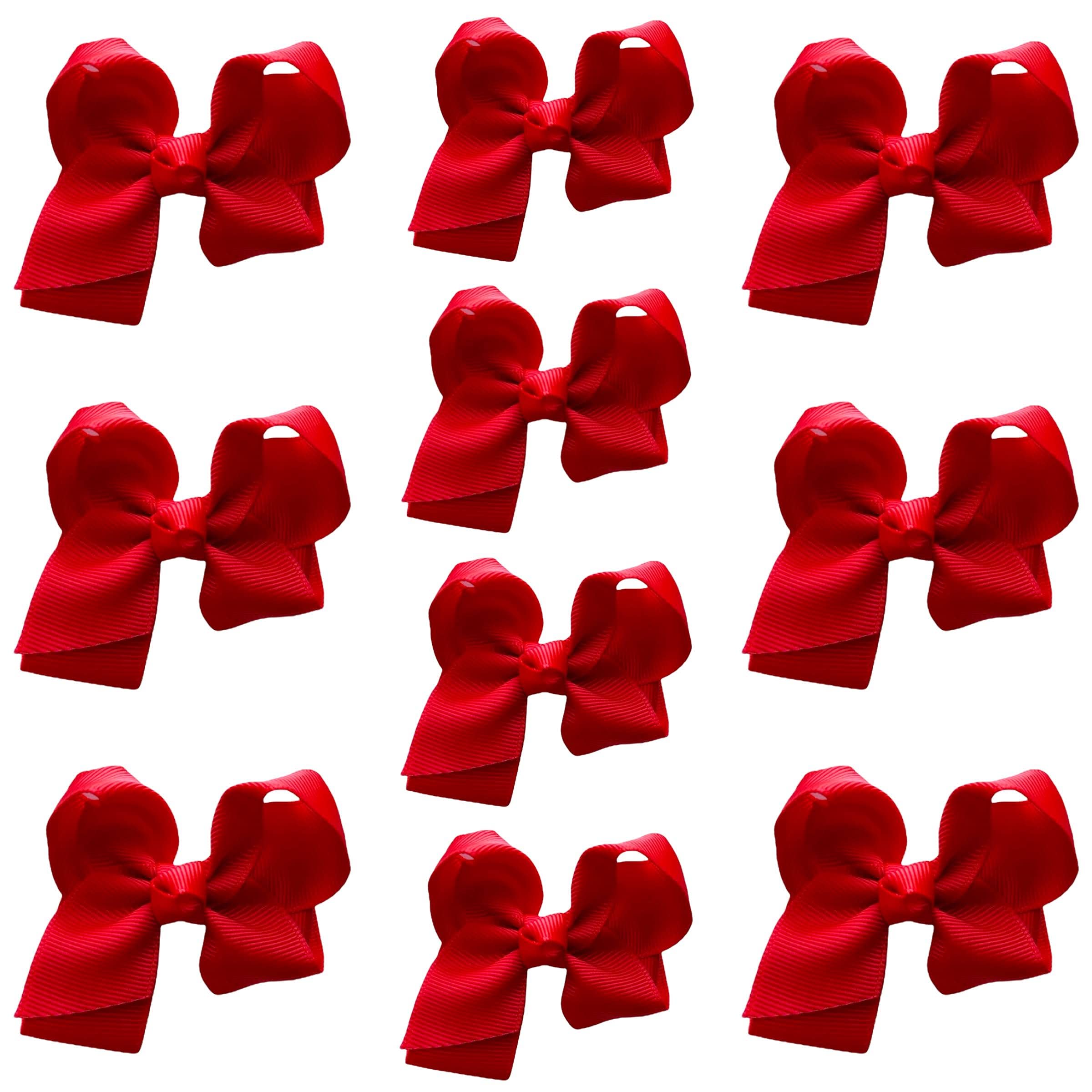 10pk Red Hair Bows Knots Clips Slides Grips 3" Inch 7.6cm Solid Colour Girls School Hairbow Accessories