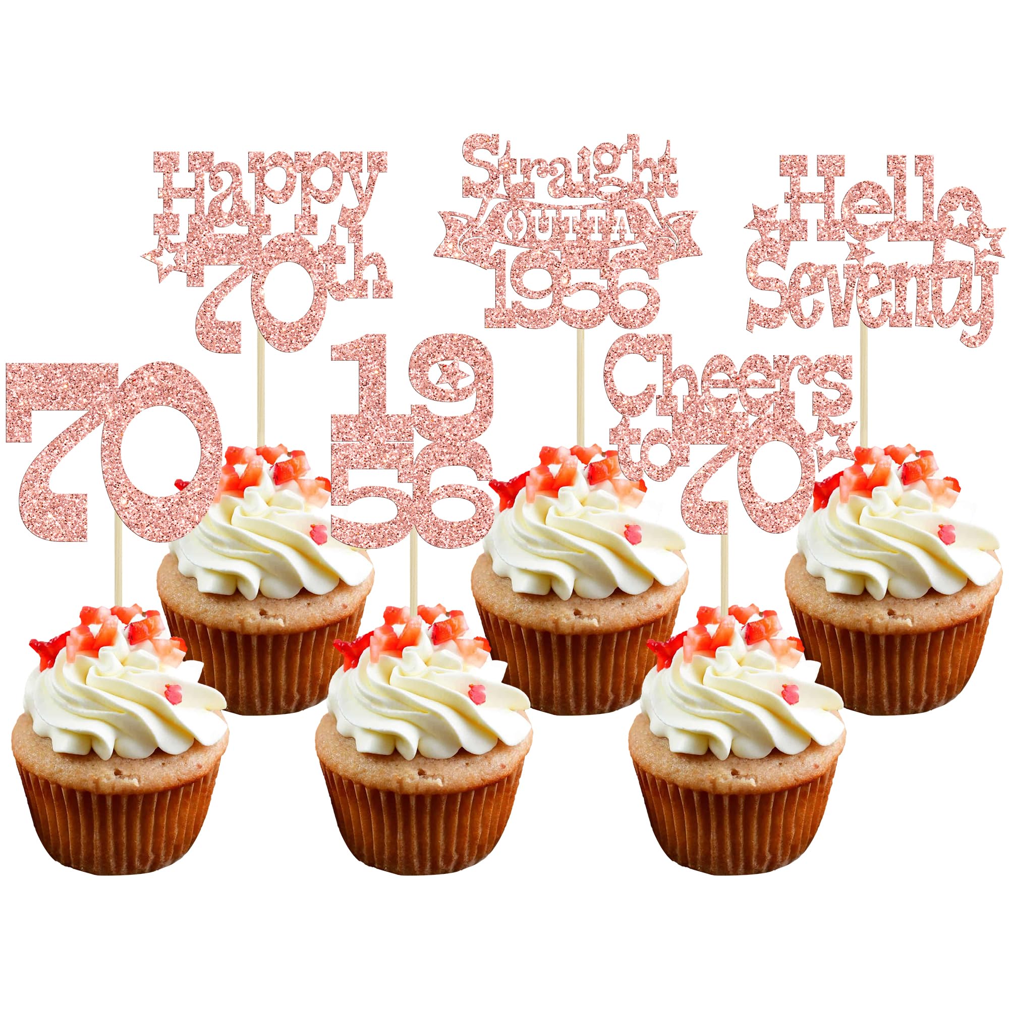 Ephlyn 30Pcs Happy 70th Birthday Cupcake Toppers Glitter Seventy Straight Outta 1956 Cupcake Picks Cheers to 70 Years Cake Decorations for Happy 70th Birthday Anniversary Party Supplies Rose Gold