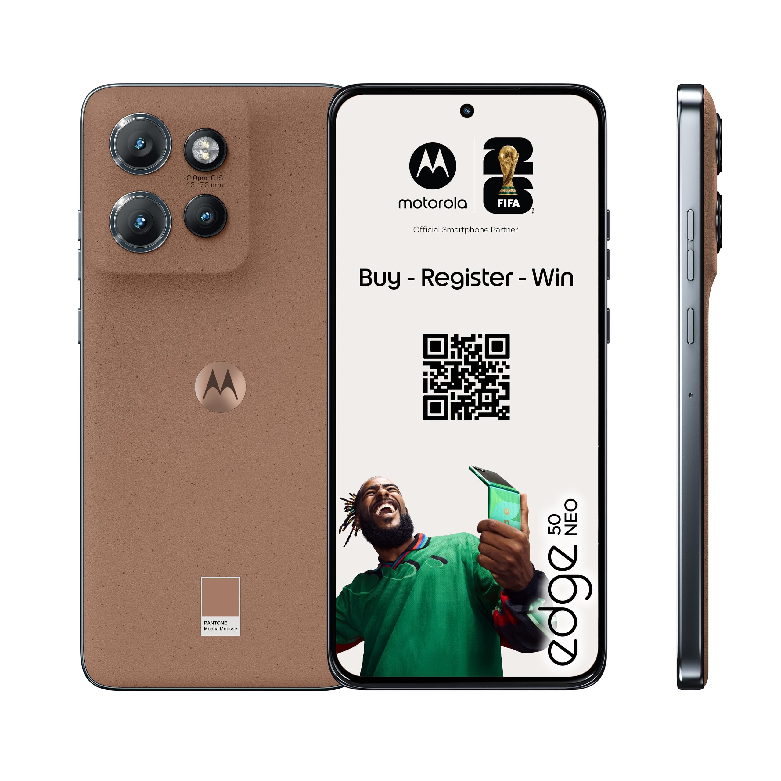 Motorola edge50 neo Smartphone (6,36"-Super-HD-Display, 50-MP-Kamera mit Moto-KI, 8/256 GB, 4310 mAh, Android 14) Mocha Mousse (Veganes Kunstleder), inkl. Schutzcover