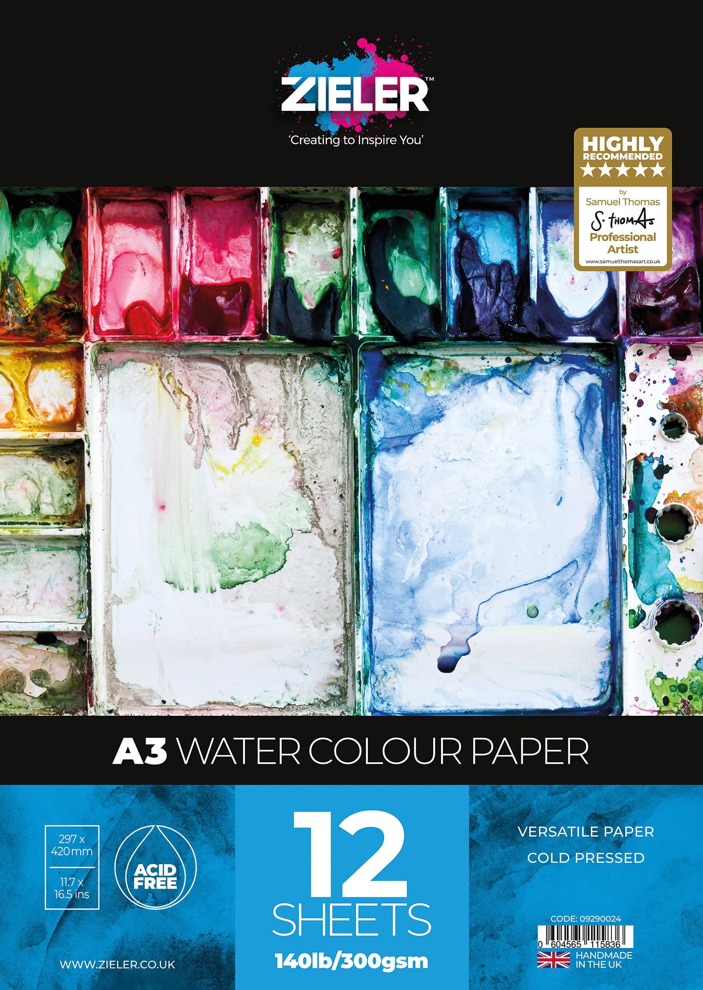 Fine-Grain Textured Watercolour Paper Pad - 300gsm, 12 Sheets - by Zieler™ - Ideal for Soaking & Masking (A3)