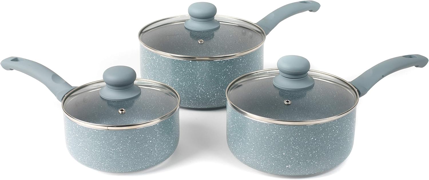 Russell Hobbs BW03721DB Stone Collection Aluminium 3 Piece Saucepan Set, 16/18/20 cm, Daybreak, Grey, 3-Piece Saucepan Set, 16/18/20 cm