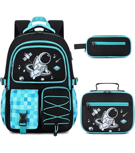 MITOWERMI 3pcs Boys Backpack with Lunch Box School Bags for Boys Lightweight Astronaut Kids Backpack Bookbags Sets for Elementary School Students, Black : Clothing, Shoes & Jewelry