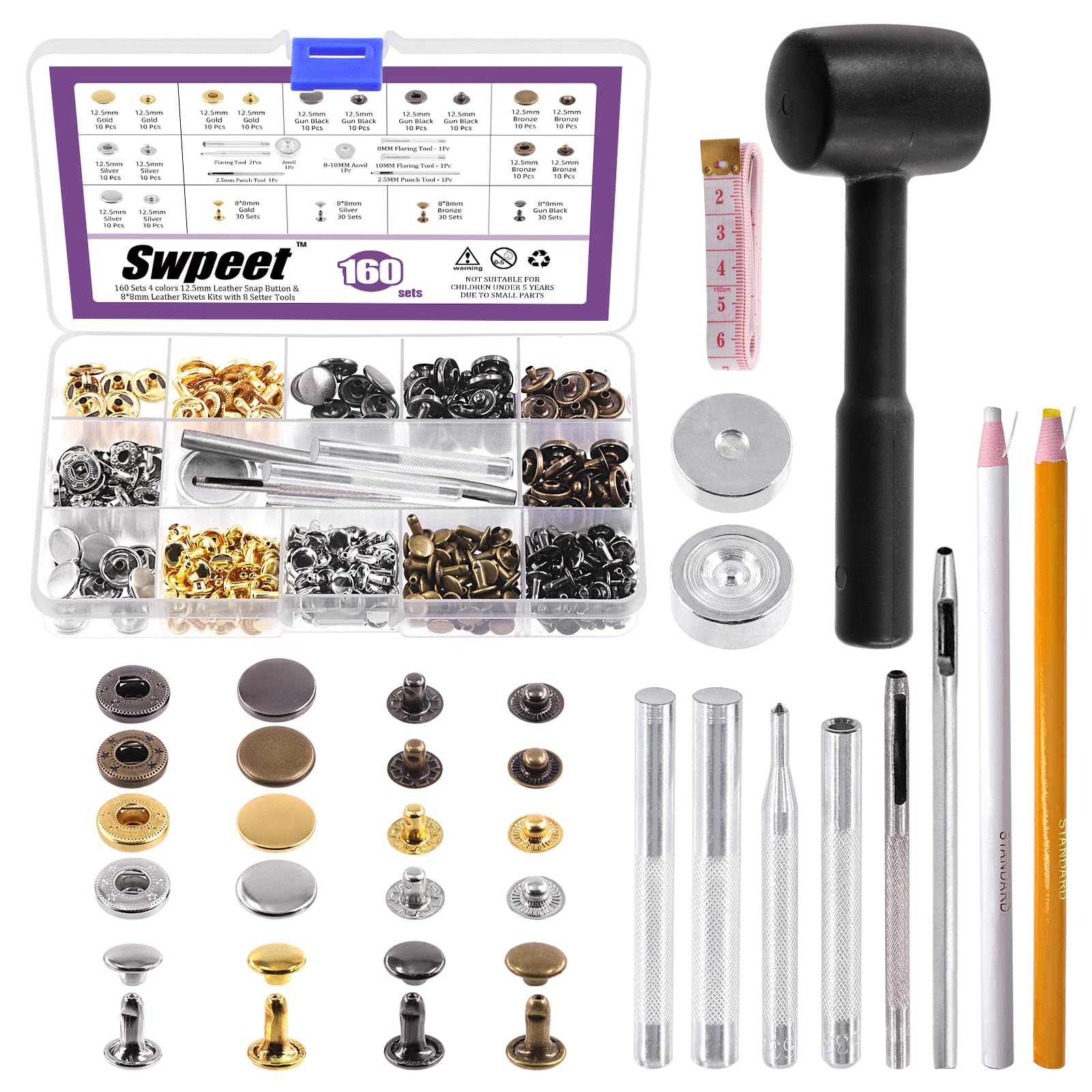 Swpeet 160 Sets Leather Snap Fasteners & Rivets Kit, Silver, Incl Fixing Tools & Soft Tape Measure