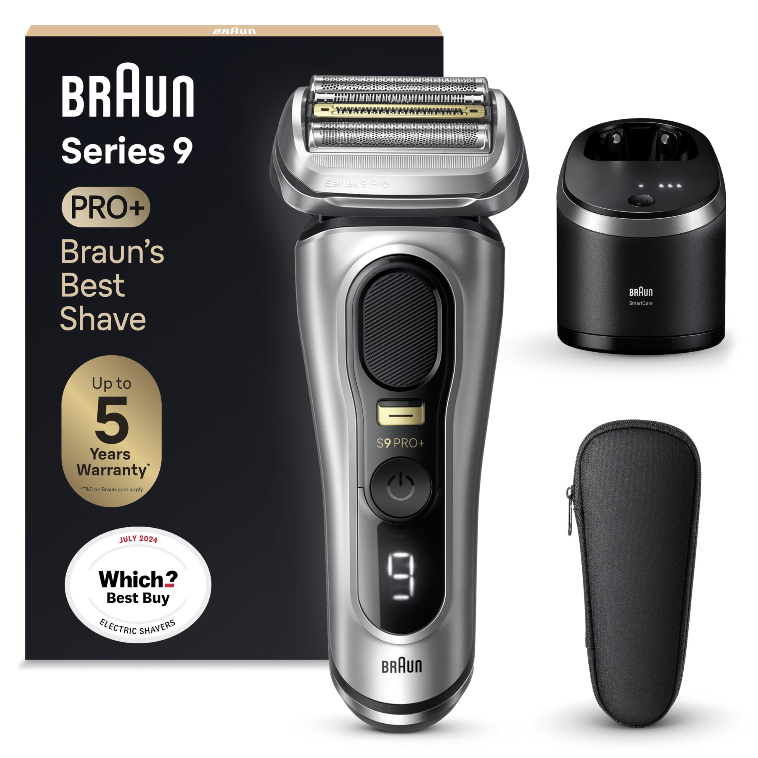 Braun Series 9 PRO+ Electric Shaver for Men, 5 Pro Shave Elements & Precision Long Hair ProTrimmer, SmartCare Center, Wet & Dry Electric Razor with 60min Runtime, Made in Germany, 9467cc, Silver
