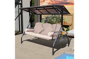 NOBLEMOOD Hardtop Patio Porch Swing, 3 Seat Outdoor Swing with Convertible Backrest, 2 Side Cup Holder, Thickened Cushion, 4 Pillows for Adult, Garden, Lawn