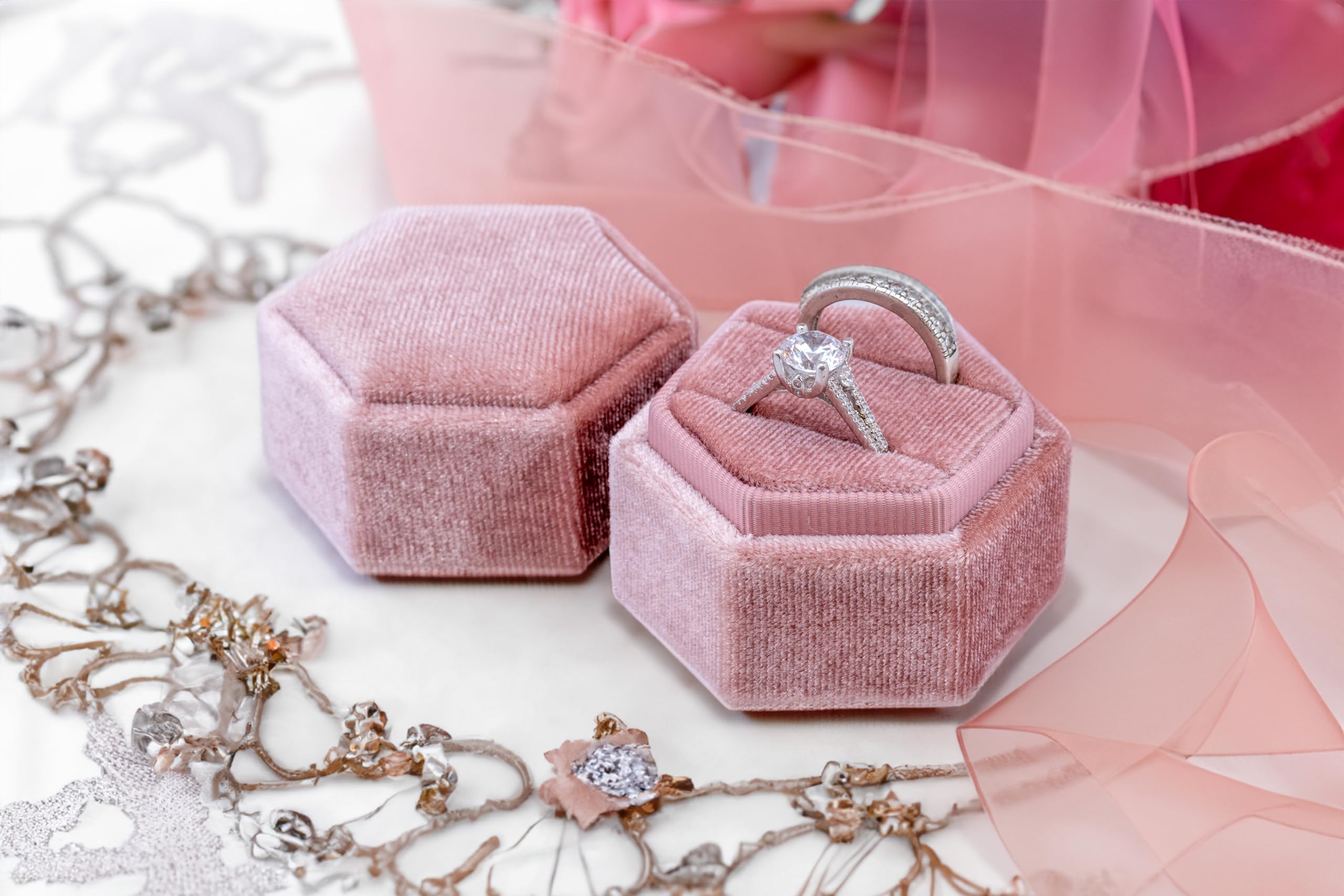 Beatrix & Luca Velvet Ring Box | Ring Holder | Jewelry | Proposal | Wedding | Ceremony | Engagement | Photography | Keepsake | Bridal | Hexagon | Rectangle | Single | Double | (Dusty Rose Double)