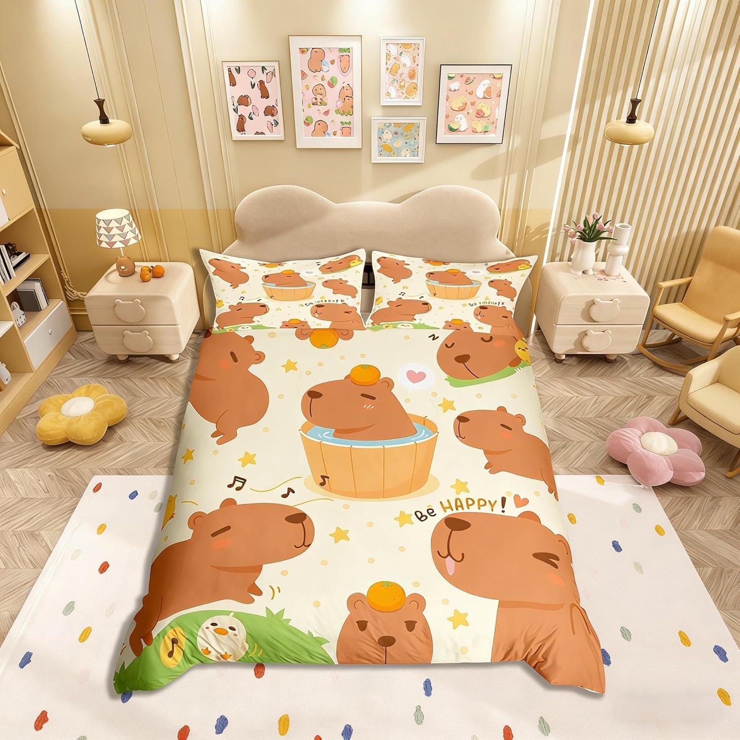 Homemissing Cartoon Capybara Bedding Set Brown Capybara Comforter Cover Funny Cute Capybara Duvet Cover for Kids Boys Girls Floral Capybaras Bedspread Cover Decor Durable Quilt Cover Double