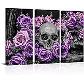 OuElegent 3 Piece Human Skull Canvas Wall Art Sugar Skull with Purple Rose Flower Painting Pictures Gothic Halloween Prints Artwork for Living Room Bedroom Wall Decor Ready to Hang