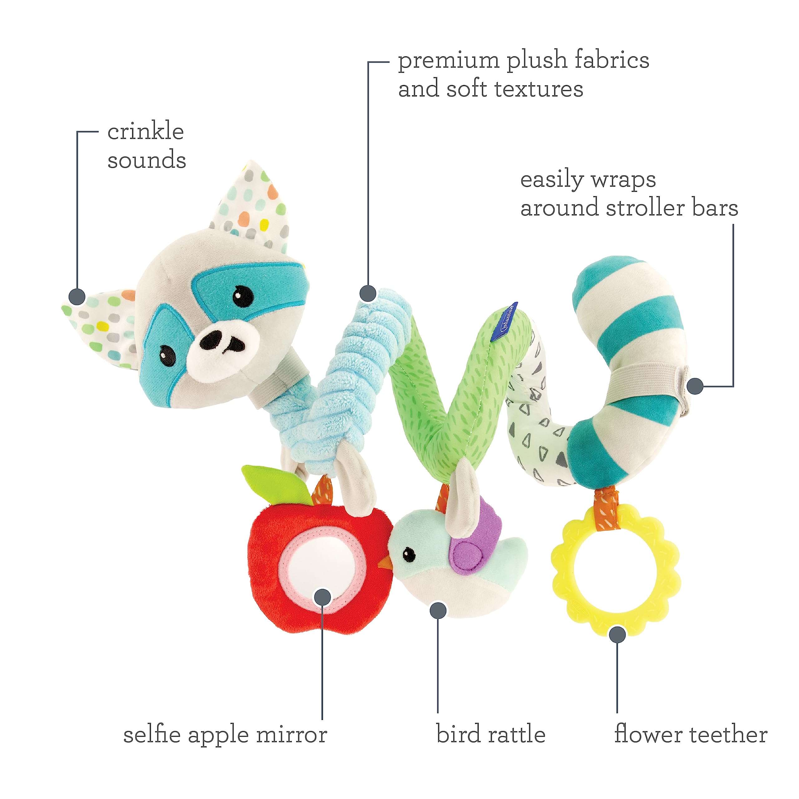 Infantino Spiral Activity Toy - Textured Play Activity Toy for Sensory Exploration and Engagement, Ages 0 and Up, Blue Raccoon