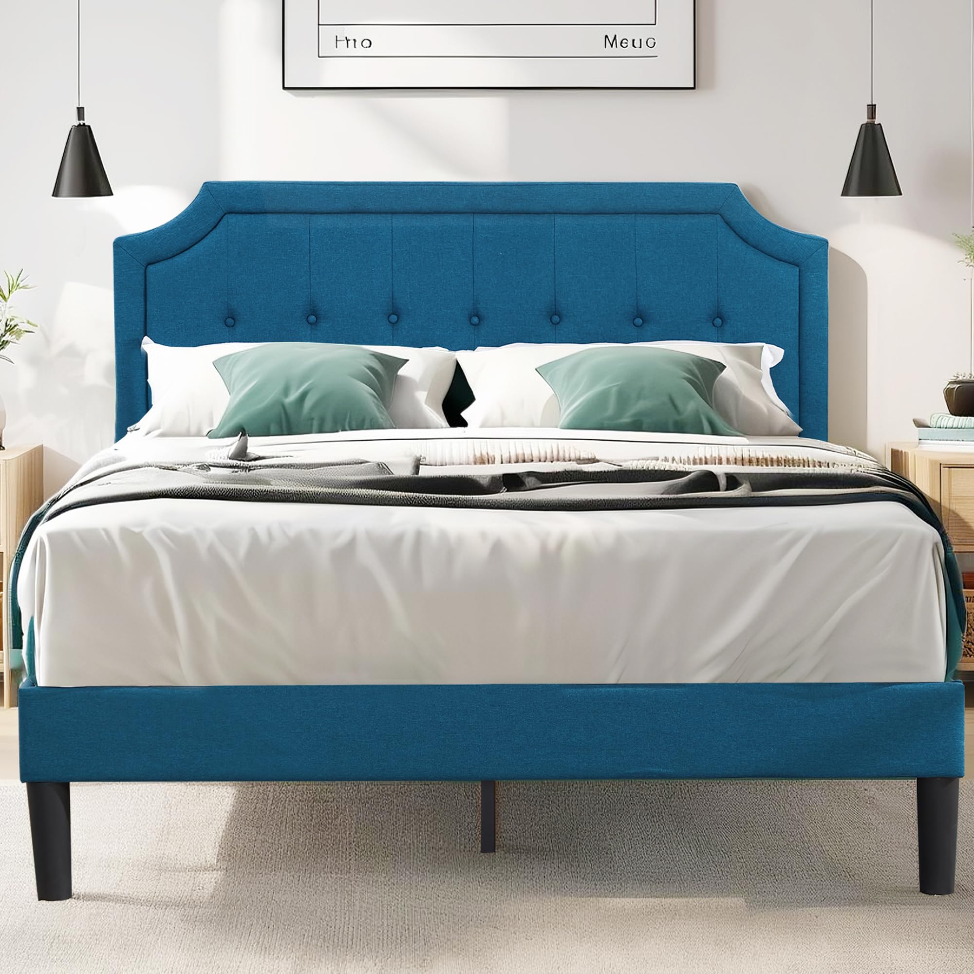 VECELO Queen Size Platform Bed Frame with Fabric Upholstered Headboard and Wooden Slats Support, No Box Spring Needed/Easy Assembly,Blue Image