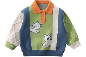 LABISHU Toddler's Color Block Printed Pullover Sweater Little Kid's Polo Collar Ribbed Knitted Tops Knitwear