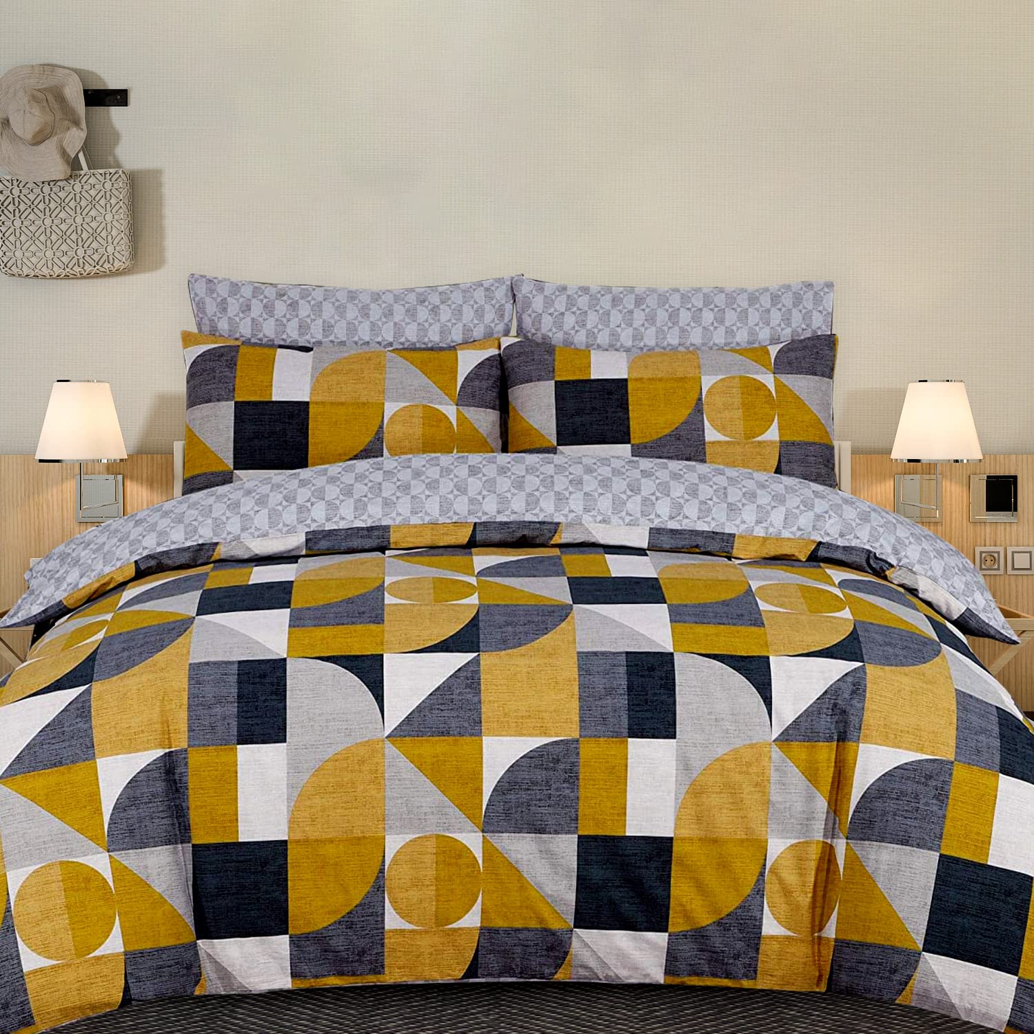 DTEX HOMES 100% Cotton Duvet Cover Set Printed Reversible Duvet Quilt Cover Set,Geometric mustard and Grey-King
