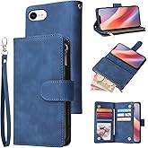 QLTYPRI Wallet Case for iPhone 16e, Premium Vintage PU Leather Zipper Pocket Case with Card Holder Slots Magnetic Closure Kickstand Wrist Strap Shockproof Flip Folio Cover - Blue