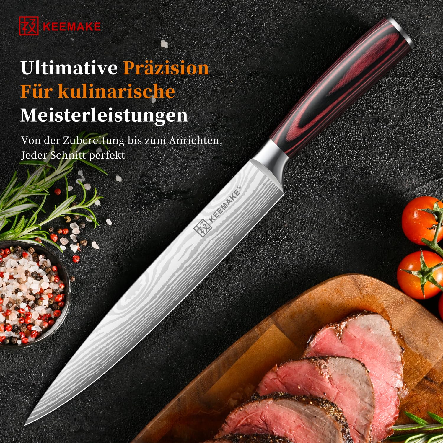 KEEMAKE Scharf Fleischmesser 20cm - Profi Kochmesser Küchenmesser aus Edel-Stahl, Tranchiermesser Schinkenmesser mit ergonomischem Pakkaholz-Griff, Allzweck Grillmesser Chef Knife, Vatertagsgeschenk 5