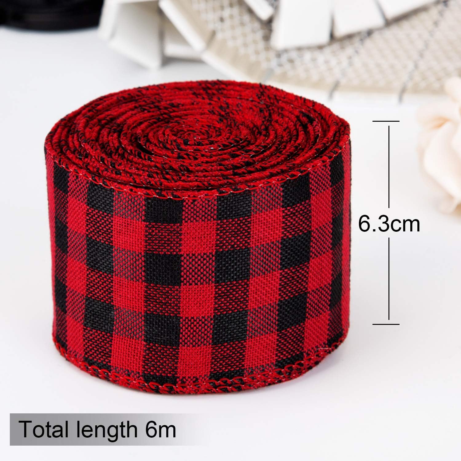 LUTER 2.36 Inch Red and Black Plaid Burlap Wired Ribbon, Buffalo Plaid Wrapping Ribbon for Christmas Ornaments Wedding - Image 3