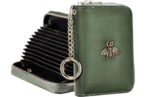 SEAVILIA Credit Card Wallet, Zipper Card Cases Holder Wallet for Women, Leather Keychain Accordion Wallet, RFID Blocking, Removable Keychain, ID Window(Green Army)