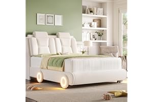 KEYLUV Queen Upholstered Led Bed Frame with Wheels Decor & Adjustable Curved Headboard Modern Car-Shaped Platform Bed with Detachable Pillows Solid Wooden Slats Support No Box Spring Needed, Velvet Beige