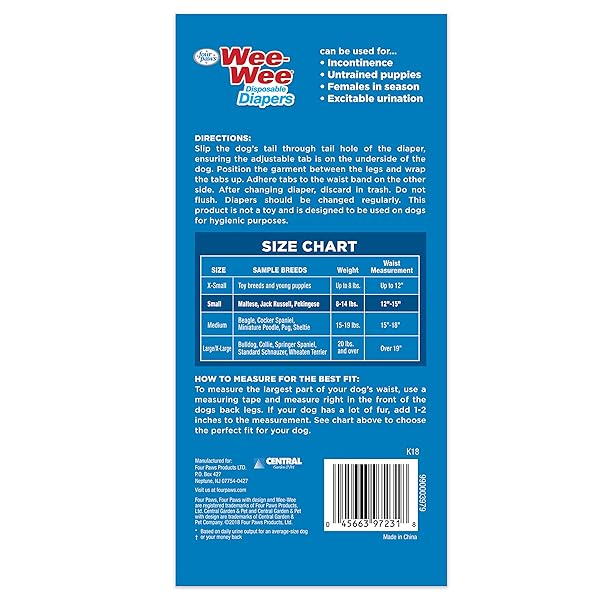 FOUR PAWS WEE-WEE SUPER ABSORBENT DISPOSABLE ADJUSTABLE DOG POTTY TRAINING DIAPERS, LEAK-PROOF PROTECTION FOR PUPPIES AND SMALL DOGS, SMALL, 12 COUNT