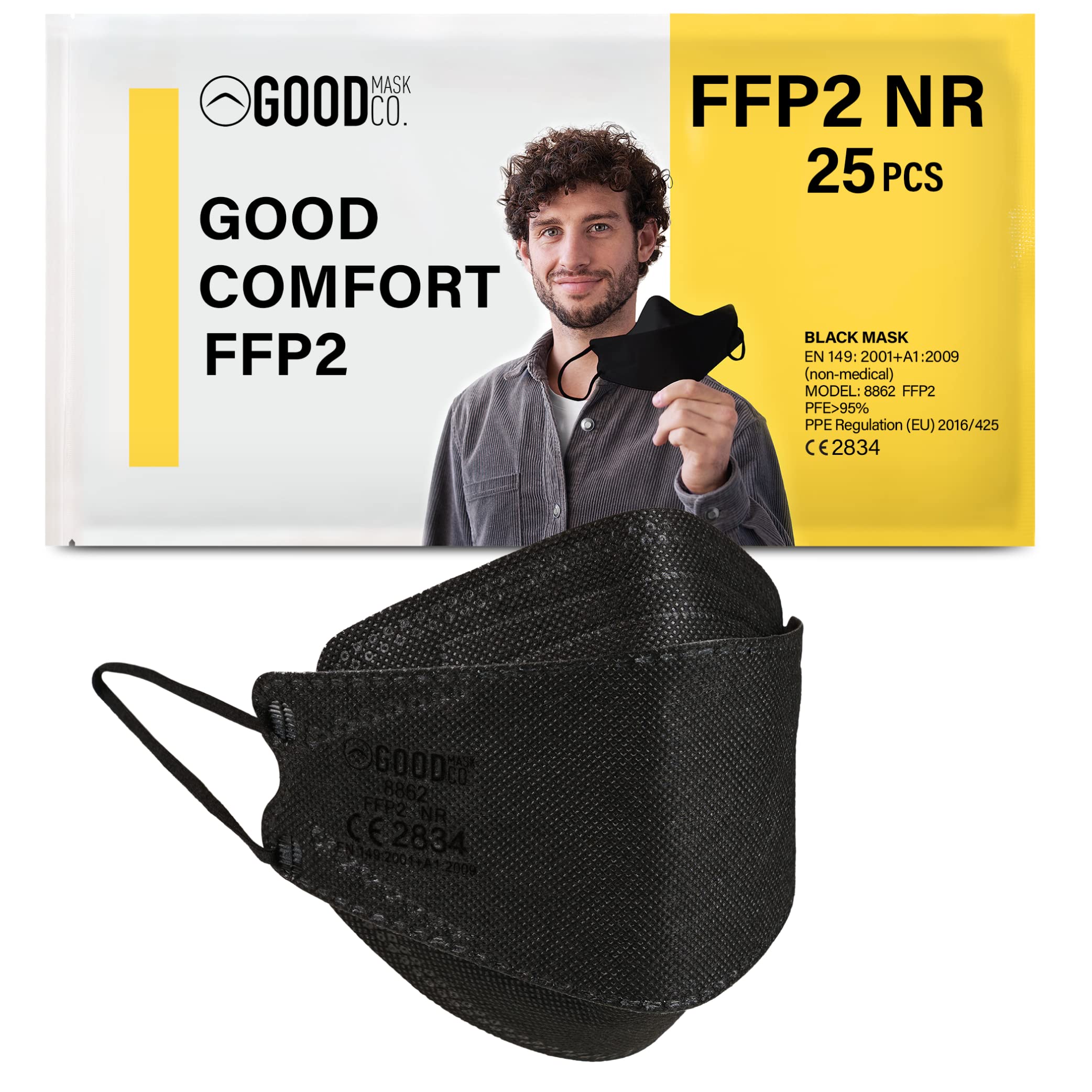 Good Mask Co. Good Comfort Adult FFP2 Face Masks, Disposable and Comfortable Face Masks (25pcs, Black)