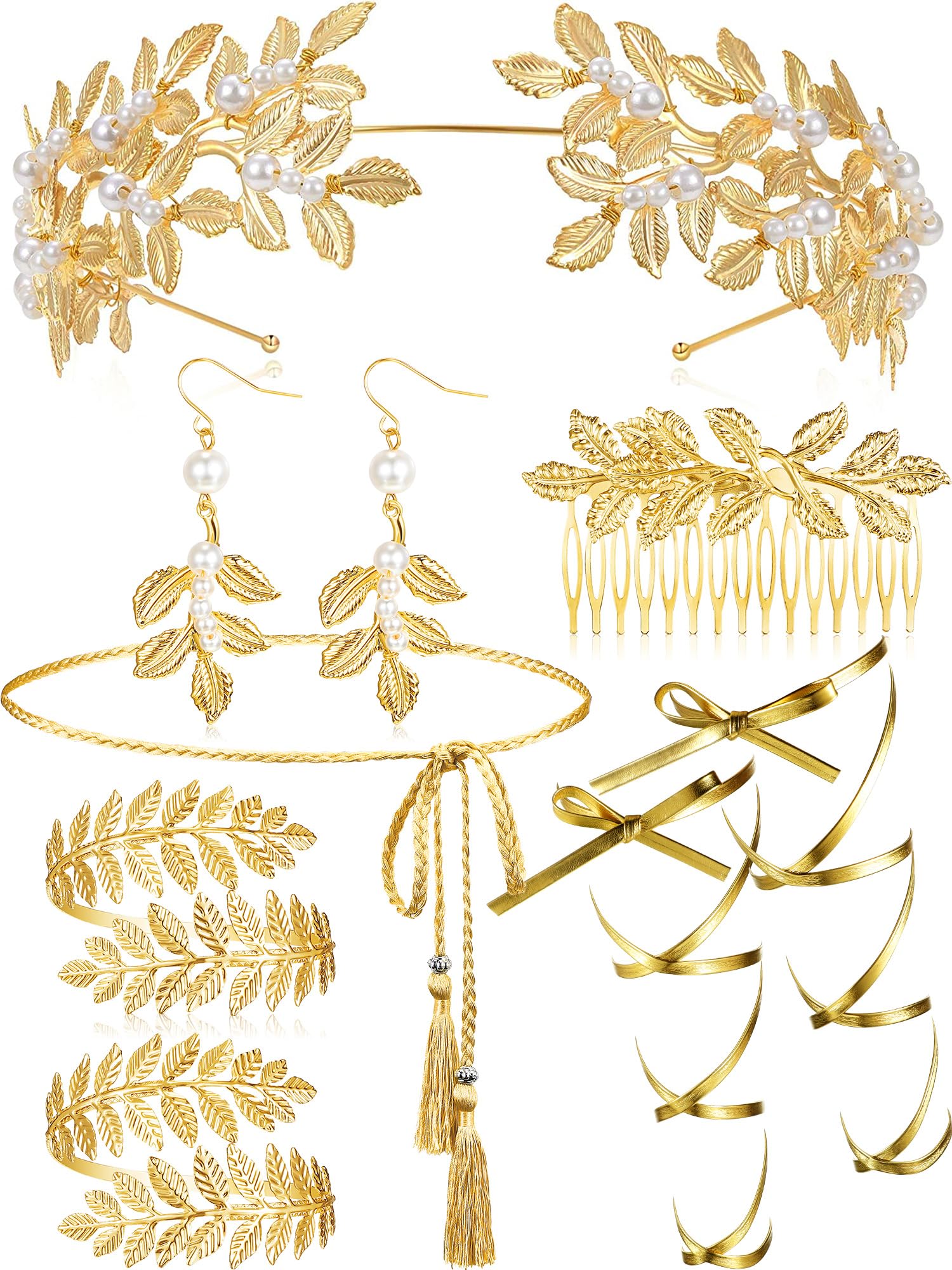 Photo 1 of Cindeer 8 Pcs Greek Goddess Costume Accessories Set for Women Leaf Crown Headband Upper Arm Cuff Bracelet Leaf Dangle Earring(Trendy)