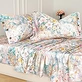 Zusbest Floral King Size Sheets 400TC 100% Cotton Flannel-Like Warm Luxury Pink Green Button Bed Sheet Set 4Pcs, Double Brushed Extra Soft Breathable French Country Deep Pocket Bed Set 17.5‘’