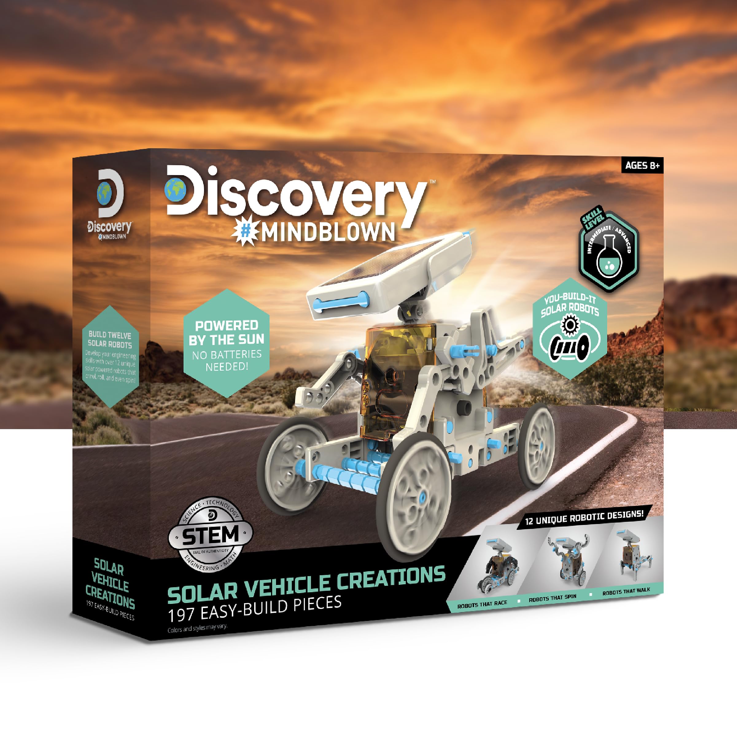 Discovery #Mindblown STEM 12-in-1 Solar Robot Creation 197-Piece Kit with Working Solar Powered Motorized Engine and Gears, Construction Engineering Set for Ages 8 and Up