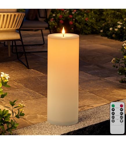 14″ X 4″ Large Outdoor LED Flameless Pillar Candles With Timer & Remote – Waterproof, Battery-Operated, Flickering, Ivory-Yellow (Set Of 2)