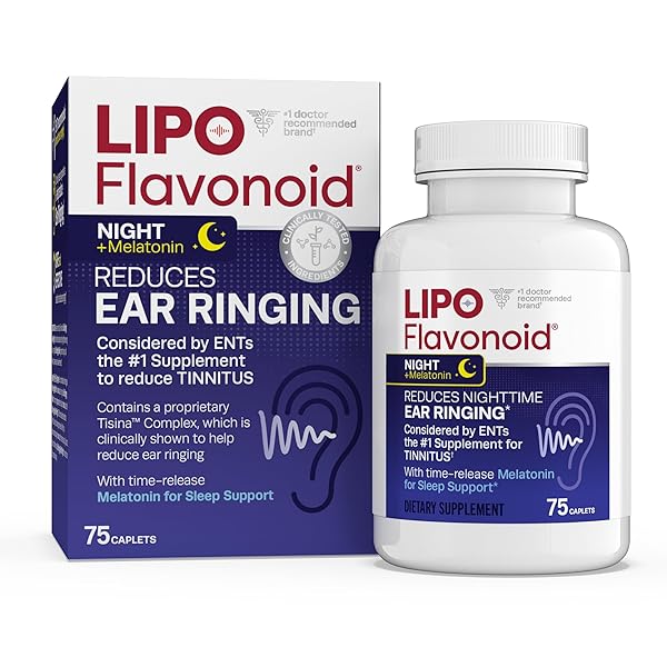 LIPO FLAVONOID PLUS, NIGHTTIME PM TINNITUS RELIEF FOR RINGING EARS WITH MELATONIN FOR SLEEP SUPPORT, EAR HEALTH VITAMINS WITH BIOFLAVONOIDS & VITAMIN C, 75 CAPLETS