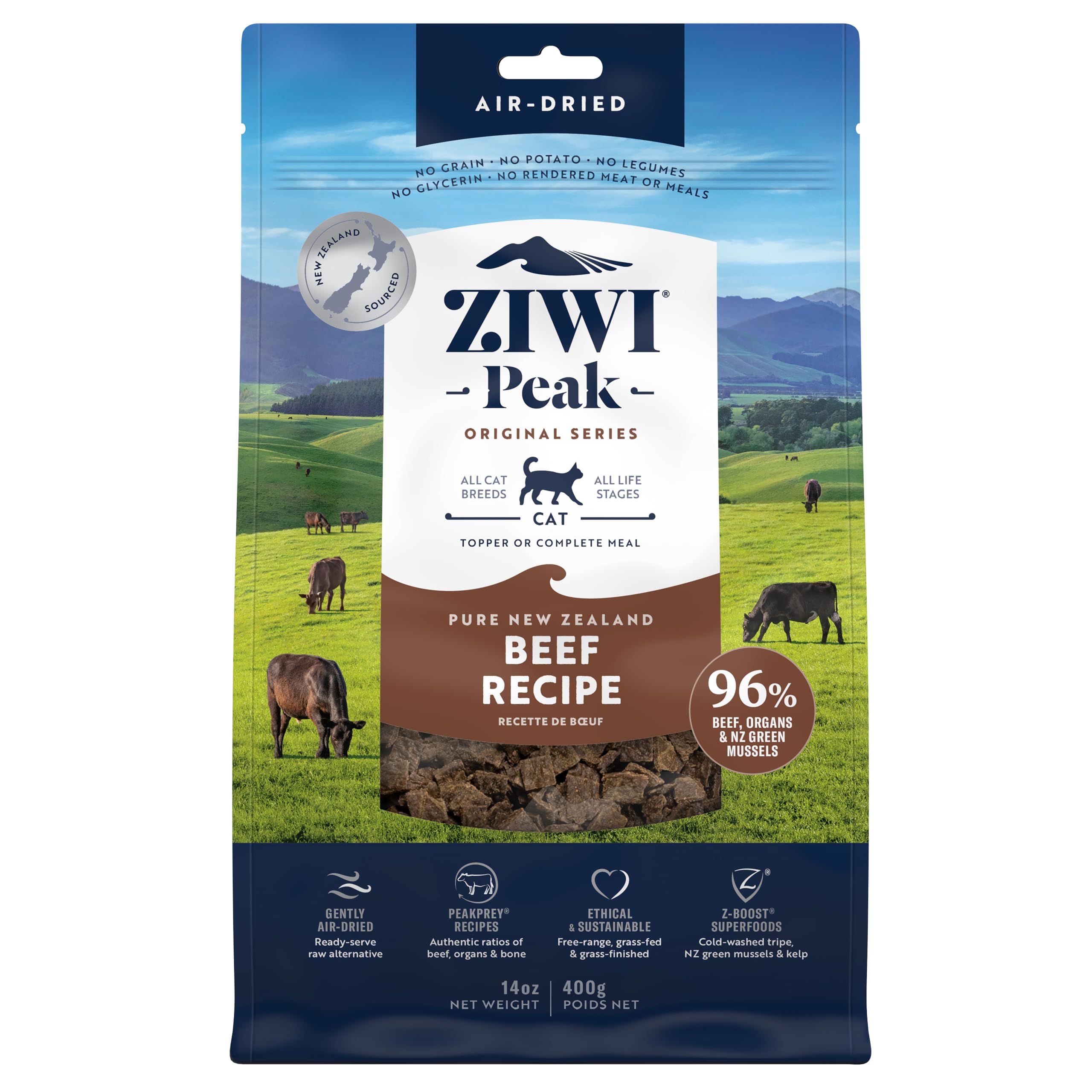 ZIWI Peak Dry Cat Food (Air Dried) - Complete High Protein Cat Biscuits, Grain Free Kitten/Adult/Senior Cat Food Dry - New Zealand Beef Recipe, 400g โ image 1