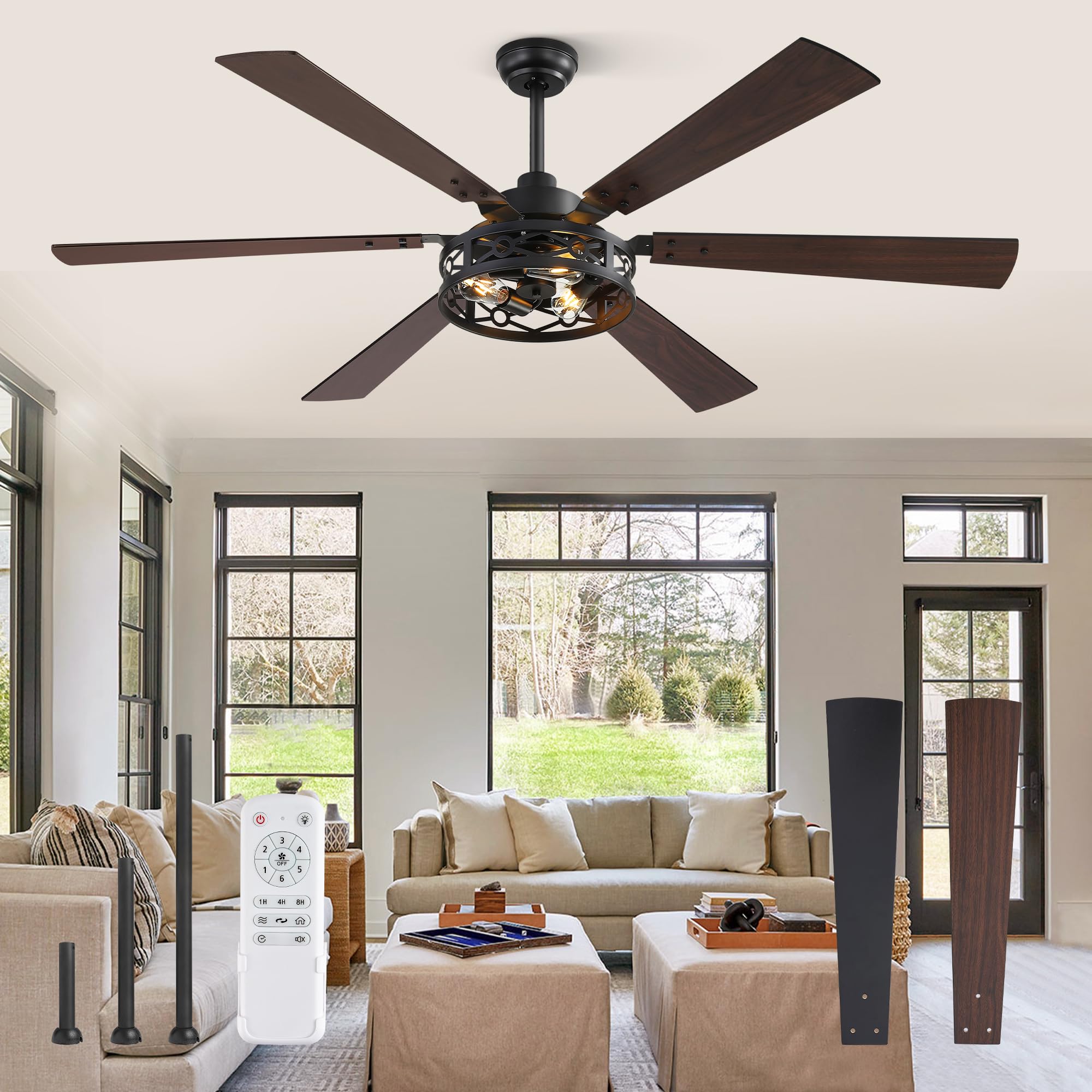 Photo 1 of **Parts Only**Fanbulous 65 Inch Ceiling Fan with Lights, Farmhouse Caged Ceiling Fans with Remote, Black Industrial Ceiling Fans with Quiet Reversible DC Motor, Large Ceiling Fan for Living room, Bedroom