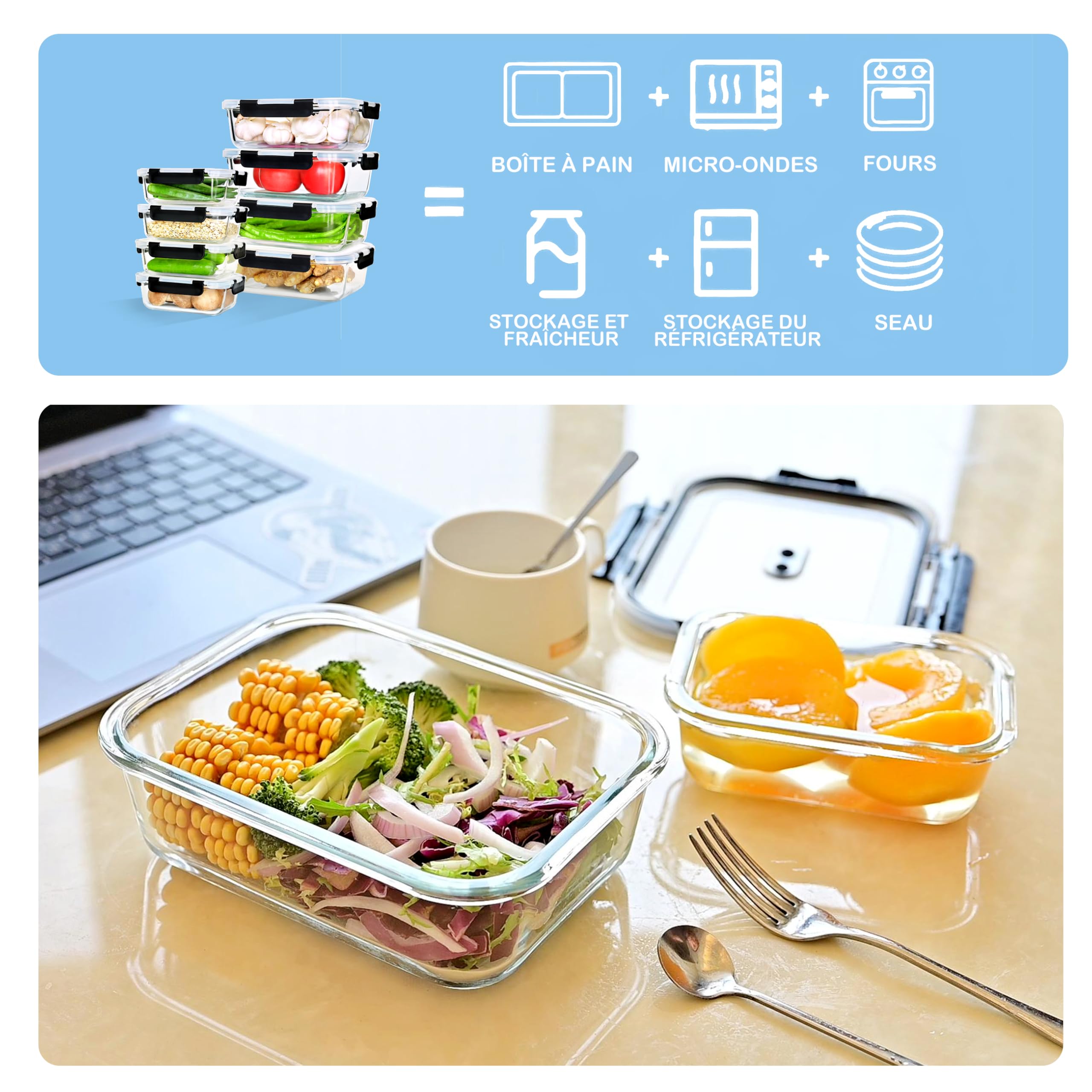 ERUIV Meal Prep Boxen Glas, [4 Behälter + 4 Deckel] Meal Prep Glas-1520ml, Frischhaltedosen Glas, Gefrierdosen Set Mit Dampfventil, Glasdose transparent Mit Deckel, BPA-freie Vorratsdose Glas 6