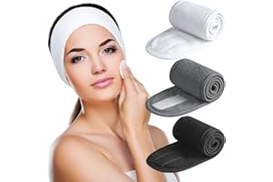Denfany Spa Headband 3 Pack Ultra Soft Adjustable Face Wash Headband Terry Cloth Stretch Make Up Wrap for Face Washing, Shower, Facial Mask, Yoga (Black + White + Grey)
