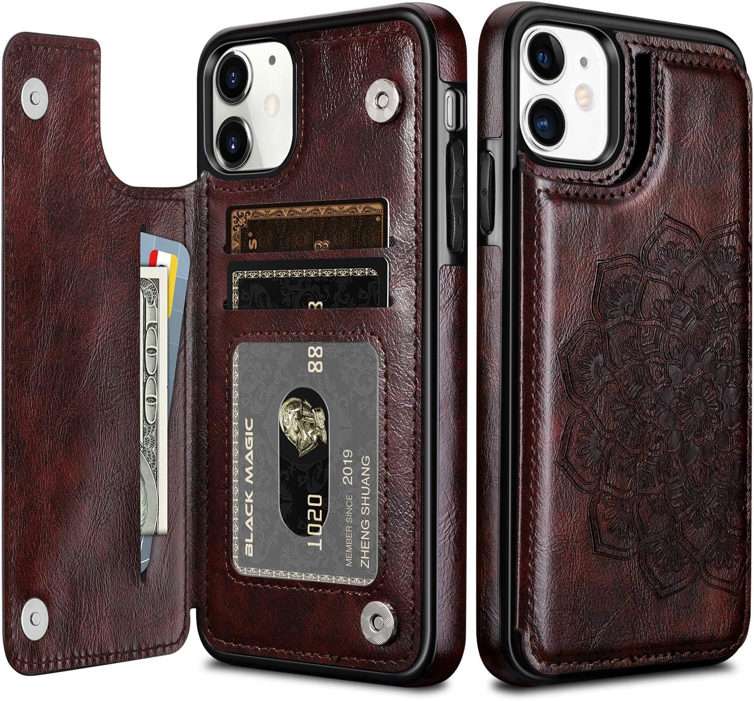 HianDier Wallet Case for iPhone 11 6.1-inch Slim Protective Case with Credit Card Slot Holder Flip Folio Soft PU Leather Magnetic Closure Cover for 2019 iPhone 11 iPhone XI, Mandala Brown