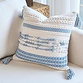 DEZENE Handmade Decorative Pillow Cover Boho Accent Woven Textured Square Throw Pillow Case for Couch Sofa Farmhouse Living Room Home Decor 18"x18" Sky Blue