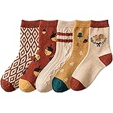 Jicd Women Vintage Striped Wool Socks, Fall Winter Warm Hiking Crew Knit Soft Socks 5 Pairs