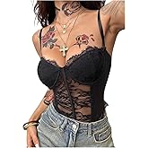 Milumia Women's Floral Lace Spaghetti Strap Sheer Mesh Corset Top Sleeveless Cami Bodysuit Tops