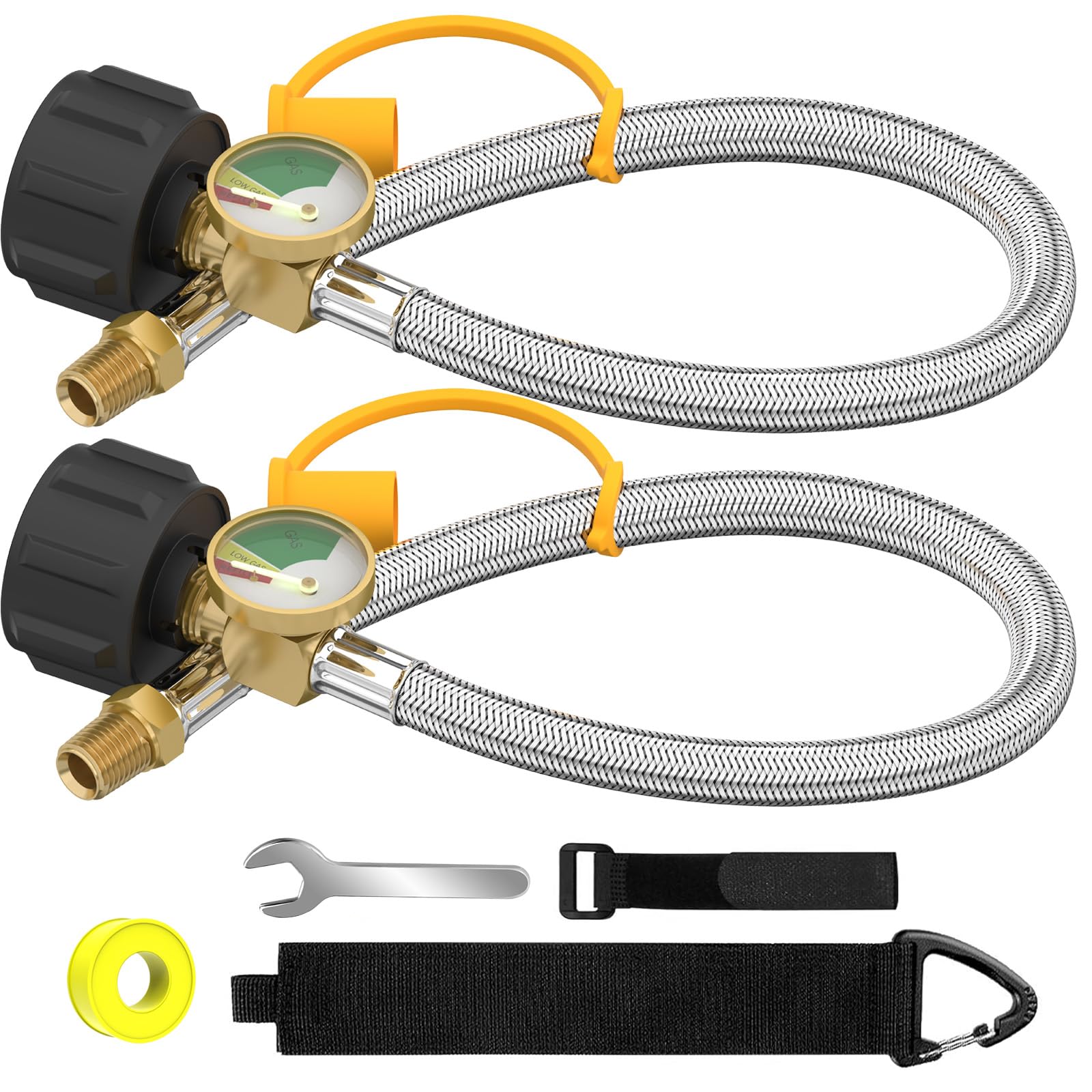 Photo 1 of 2 Packs RV Propane Hoses with Gauge, 18 Inch Stainless Steel Braided Camper Tank Hose,Rv lp Gas Hoses Connector for Standard Two-Stage Regulator, 40Lb 250PSI, 1/4" NPT /QCC1 Fittings