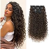 Clip in Hair Extensions, FLUFYMOOZ 4PC 100% Pure Protein Silk Hair Extensions Long Soft Natural Hairpiece 20 Inch Curly Hair Extension for Women (Dark Almond brown with copper)