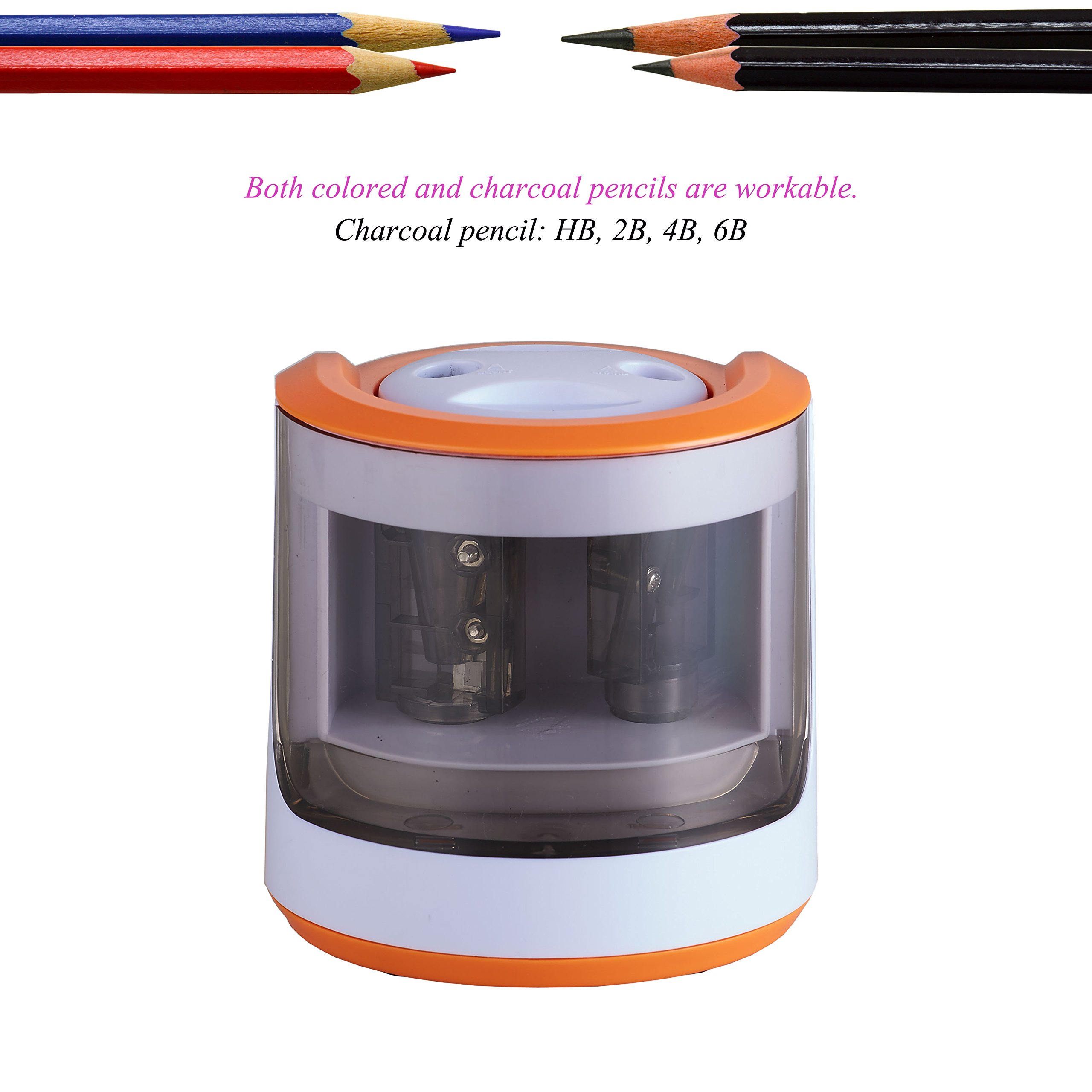 Reliatronic Electric Pencil Sharpener with 2 Holes, Especially Suitable for Colored Pencils, Both AC Powered and Battery Operated, Orange