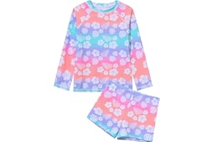Ewbob 2 Piece Girls Rash Guard Set Long Sleeves Swimsuit Quick Dry Swimwear Beach Shorts Summer Bathing Suits for 3-12 Years