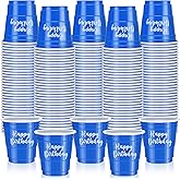 Layhit 100 Pcs Happy Birthday Plastic Shot Glasses 2oz Disposable Shot Cups for Party Mini Drinking Cups for Birthday Wedding Party Favors Tasting Serving Snacks Samples(Blue)
